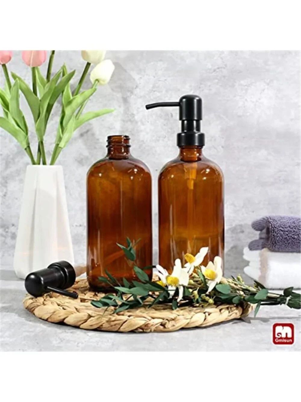 Amber Glass Soap Dispenser, 2 Pack Bathroom Hand Soap Dispensers